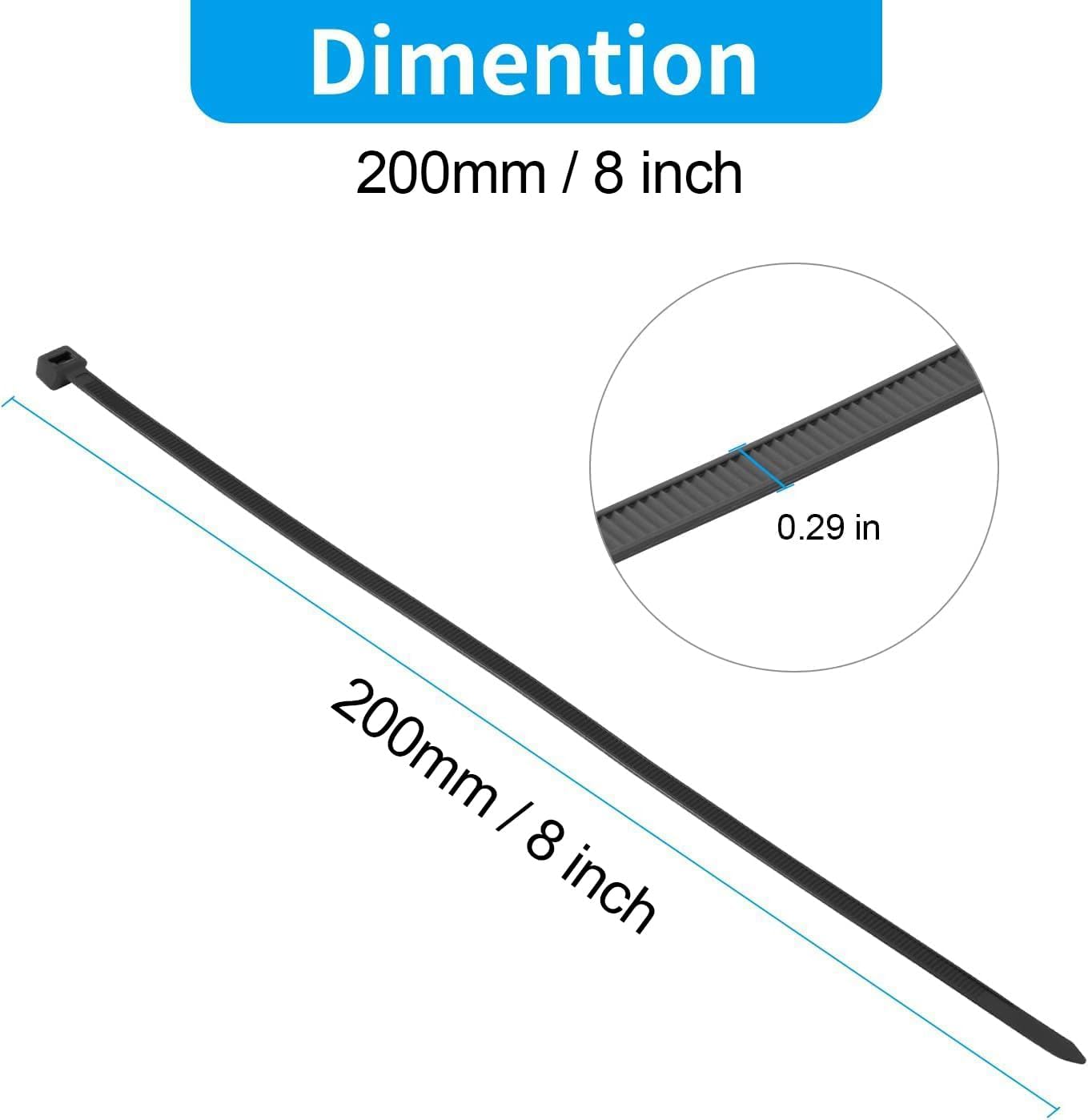 XINGO 8 Inch Black Zip Ties Heavy Duty 100 Pack, 120 LBS Tensile Strength, Premium Nylon Cable Wire Ties, Self-locking Plastic Ties for Indoor and Outdoor Use