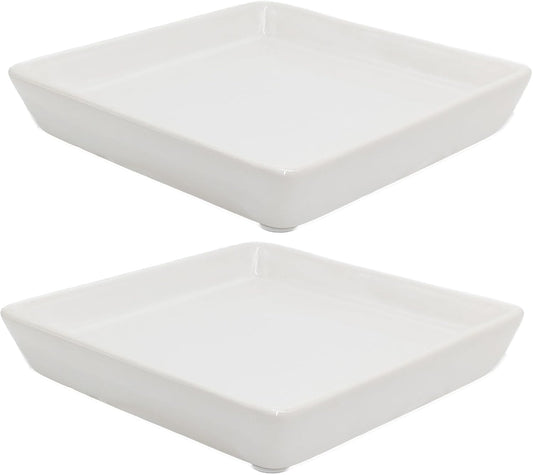 Square Plant Saucer 6 Inch 2 Pack，Plant Trays for Pots, White Ceramic Plant Saucers for Indoors Outdoors, Plant Drip Tray 4 6 8 10 12 14 Inch