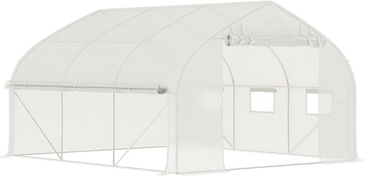 Outsunny 11.5' x 10' x 6.5' Walk-in Tunnel Greenhouse, Green House with Zippered Mesh Door, 7 Mesh Windows & Roll-up Sidewalls, Upgraded Gardening Plant Hot House with Galvanized Steel Hoops, White