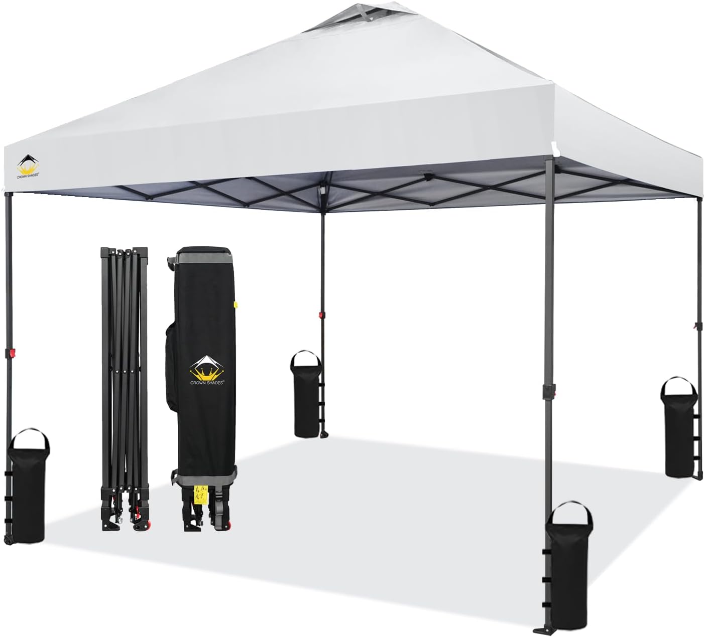 CROWN SHADES 10x10 Pop Up Canopy - Patented Center Lock One Push Instant Outdoor Canopy Beach Tent with STO-N-Go Bag 8 Stakes & 4 Sand Bags，White