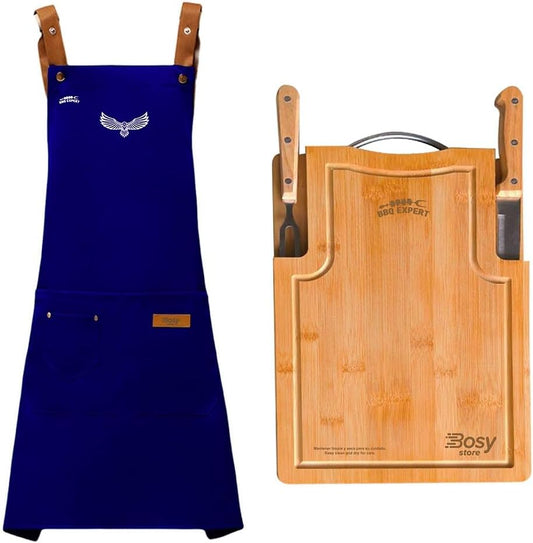 Premium BBQ Accessories & Grill Set with Bamboo Cutting Board, Adjustable Apron, Stainless Steel Knife & Fork.