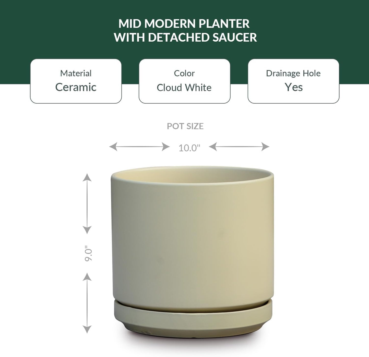 Mid Modern Planter with Detached Saucer (Cloud White,10.0" D x 9.0" H)