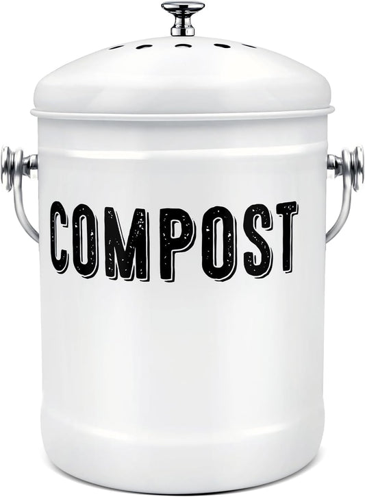 Compost Bin Kitchen, ENLOY Countertop Compost Bin with Lid Use for Kitchen Food Waste, Powder Coated Rust Proof Odorless Compost Bucket, 1.3 Gallon, White