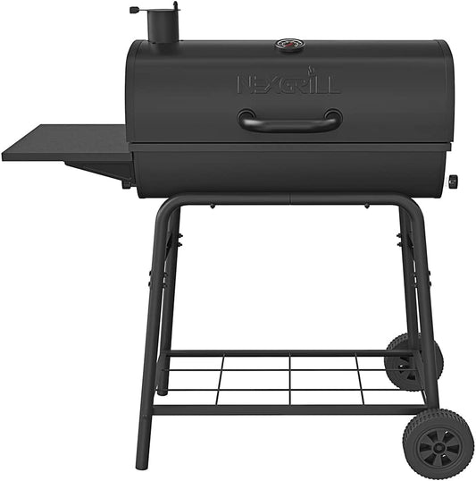 Nexgrill Premium 29" Charcoal Grill with Side Shelf, 552 SQ In Cooking Space, Adjustable Charcoal Tray, Chimney Air Vent, Warming Rack, Barrel Smoker Grill for Camping, Picnics, and More - 810-0029C
