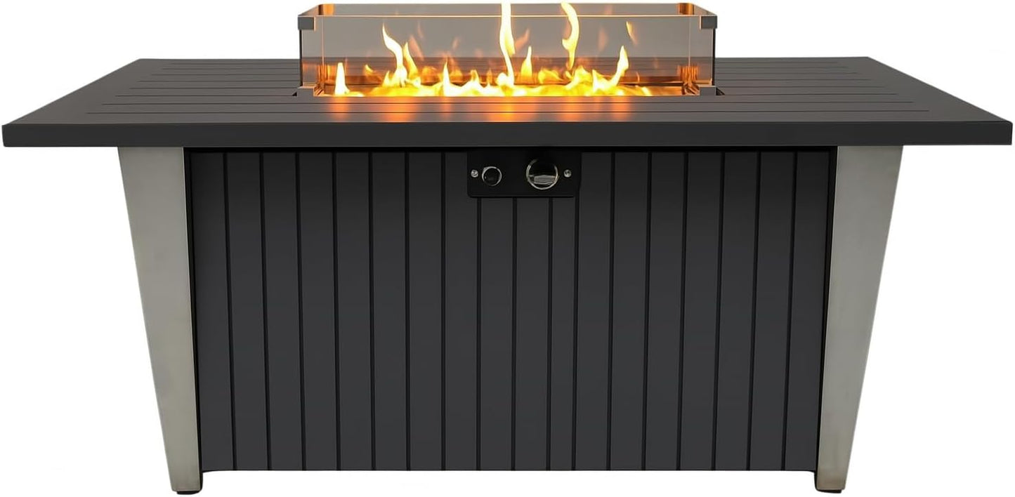 SereneLife 52 Inch Gas Fire Pit Table, 50,000 BTU Propane Pits for Outside with Steel Lid and Lava Rock, 2 in 1 Firepit Table Gatherings Parties on Patio Deck Garden Backyard