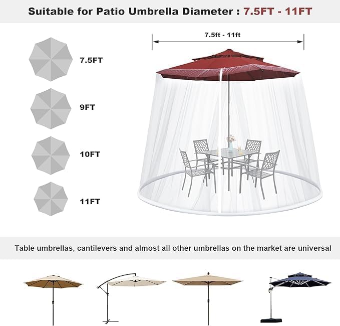 9-11 FT Umbrella Net for Outdoor Umbrella, Universal Hanging Mosquito Net for Patio,Polyester Mesh Umbrella Screen for Patio Tables with Zipper(White)