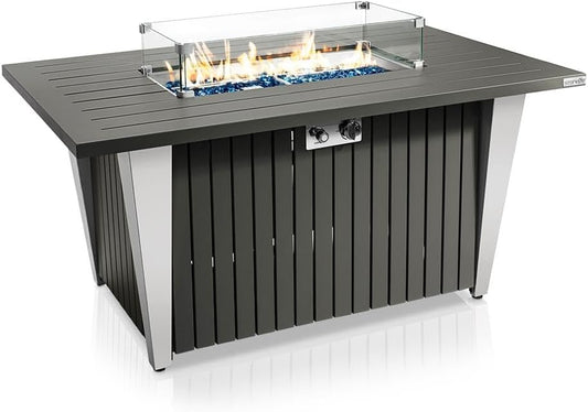 Outdoor Propane Fire Pit Table - CSA/ETL Certified 50,000 BTU Pulse Ignition Weatherproof Rectangle Propane Gas Fire Table w/Adjustable Flame - Glass Rocks Wind Guard, Black - SereneLife SLFPSX55
