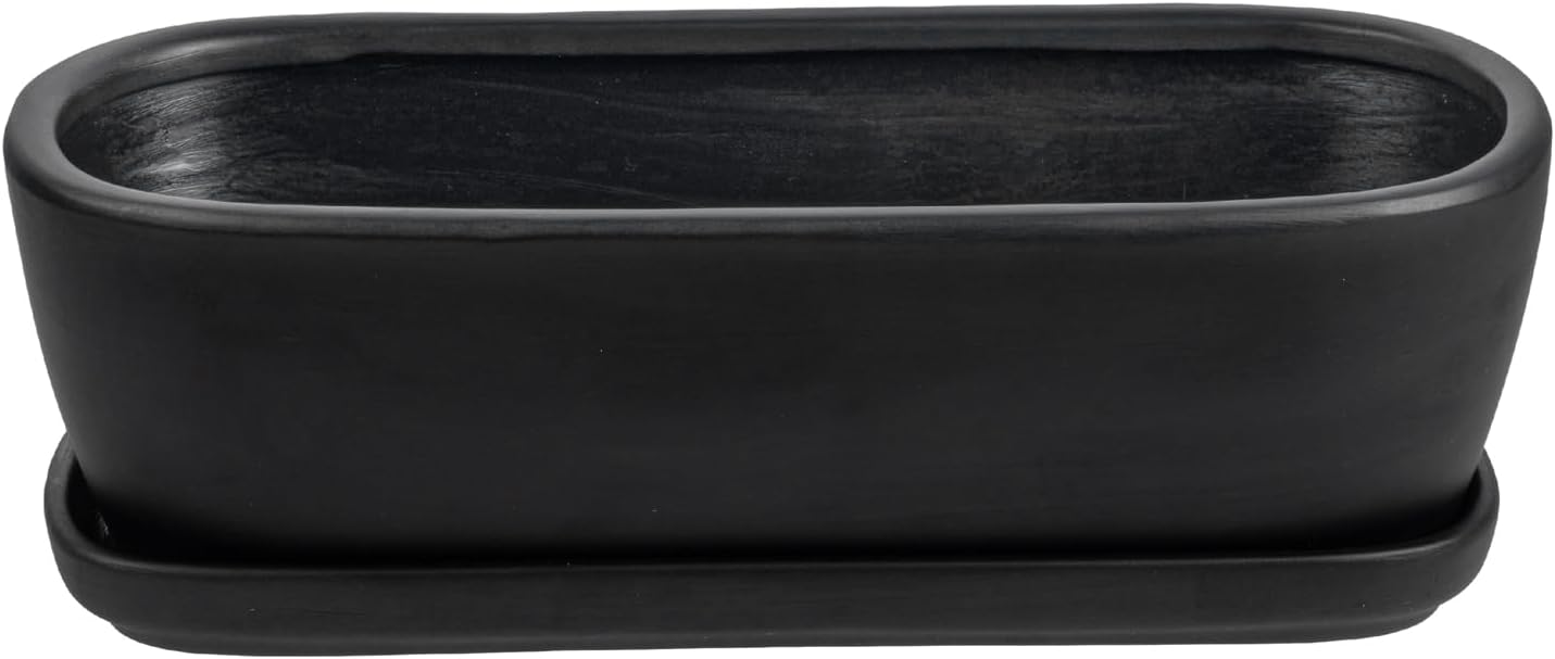 MyGift 14 Inch Oval Modern Matte Black Ceramic Succulent Planter Pot with Drainage Hole and Removable Saucer, Decorative Indoor House Plant Container for Flowers, Cactus, Herbs