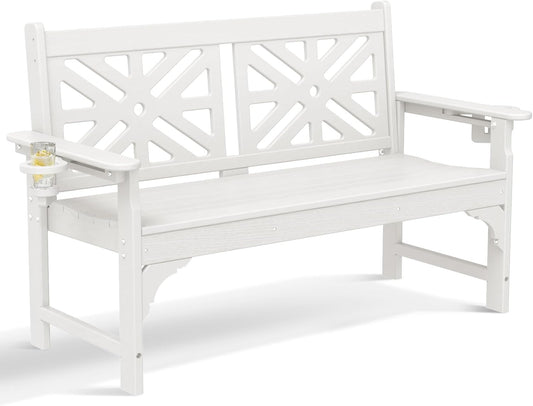 nalone Outdoor Bench with Cup Holders, HDPE All Weather Porch Bench Load up to 800 Lbs, 2-Person Garden Benches Rot-Proof Fade Proof for Patio, Porch, and Park (White)