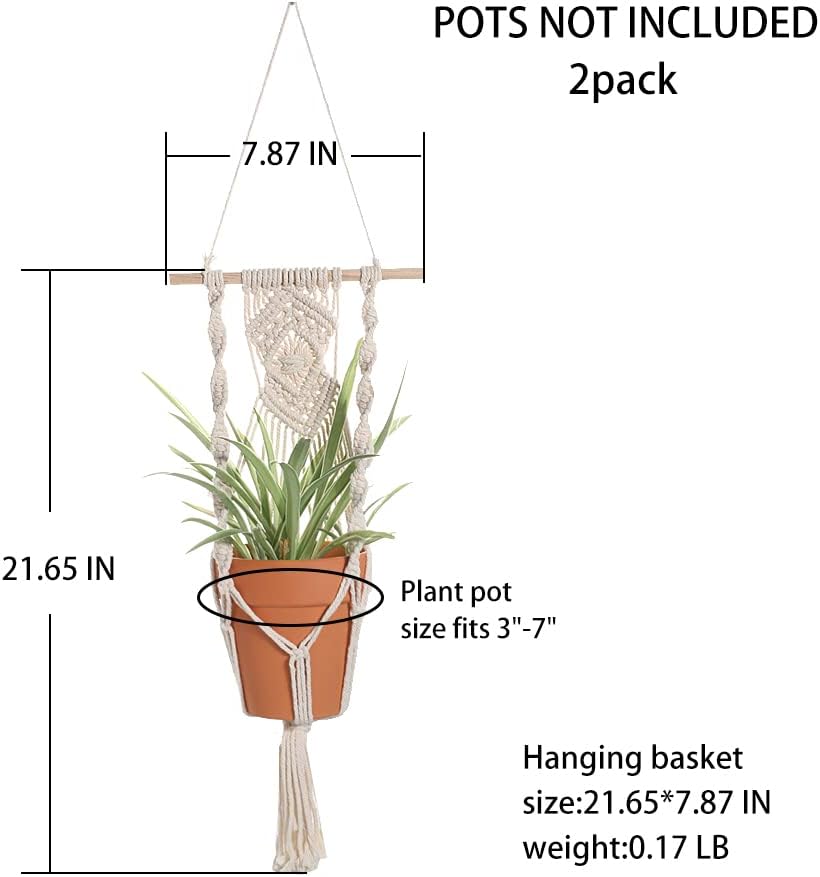 Boho Macrame Plant Hangers - Handmade Hemp Rope Hanging Baskets for Plants with Ceiling Hooks, Bohemian Home Decor Wall Art