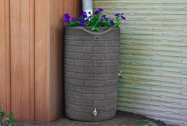 Impressions Downton Rain Barrel, 50 Gallon Capacity, Brick Pattern, with Brass Spigots (Dark Granite)