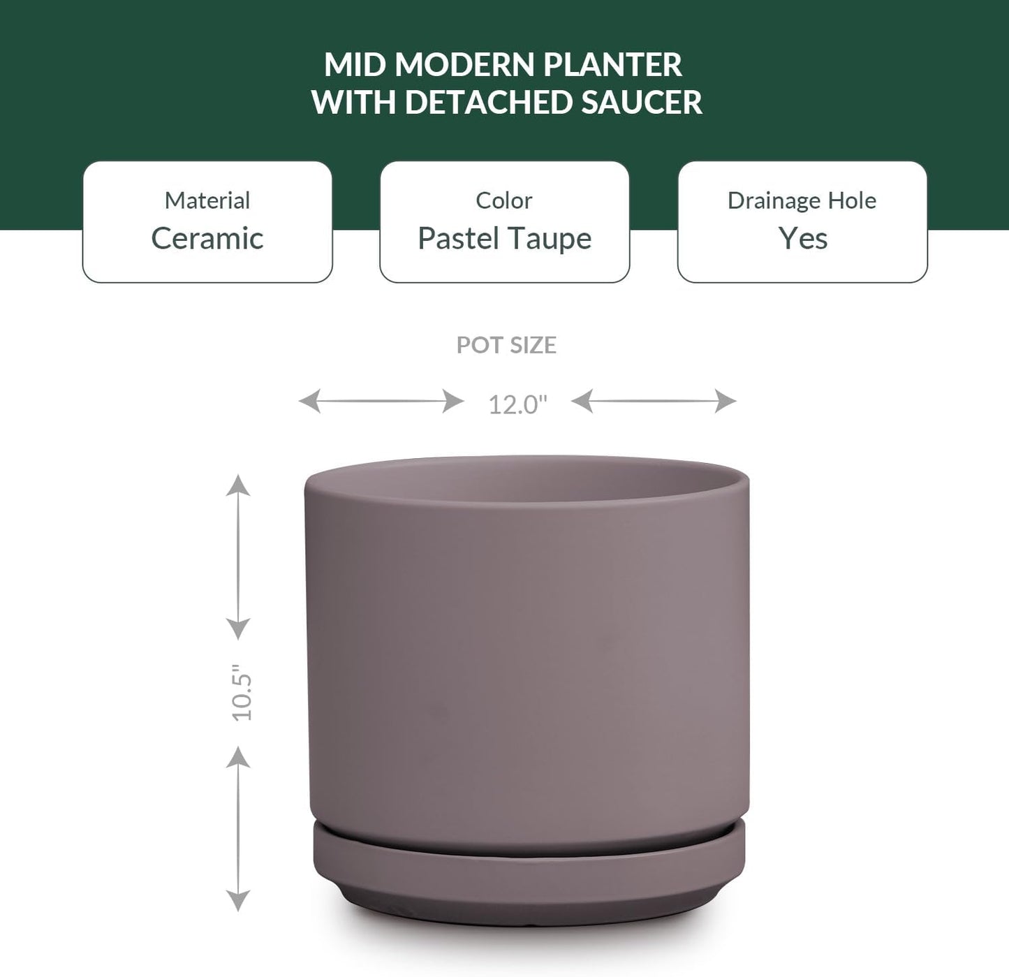 Mid Modern Planter with Detached Saucer (Pastel Taupe,12.0" D x 10.5" H)