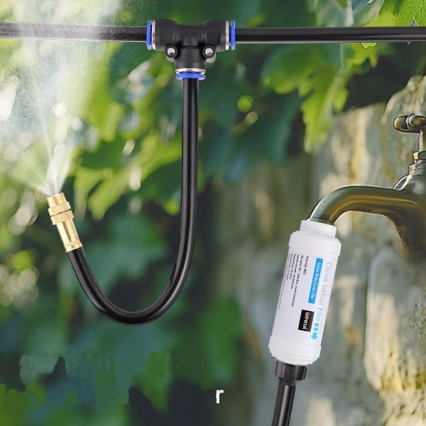 Mornajina Automatic Drip Irrigation Kits Garden Irrigation System, Includes Calcium Inhibitor Filter & 66FT 5/16 inch Irrigation Tubing Hose & 20Pcs 360° Bending Dropper Atomizing Mist Nozzles Tee