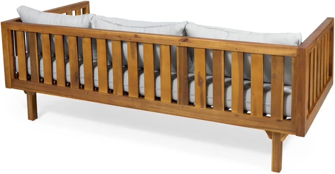 Christopher Knight Home Tina Outdoor 3 Seater Acacia Wood Daybed, Teak Finish, Light Grey