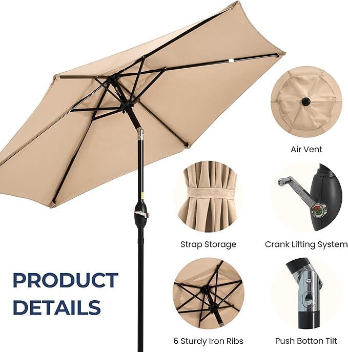 Aok Garden 7.5 ft Patio Umbrella Outdoor Market Umbrella Tilt Button and Crank 6 Ribs for Deck Lawn Pool& Backyard