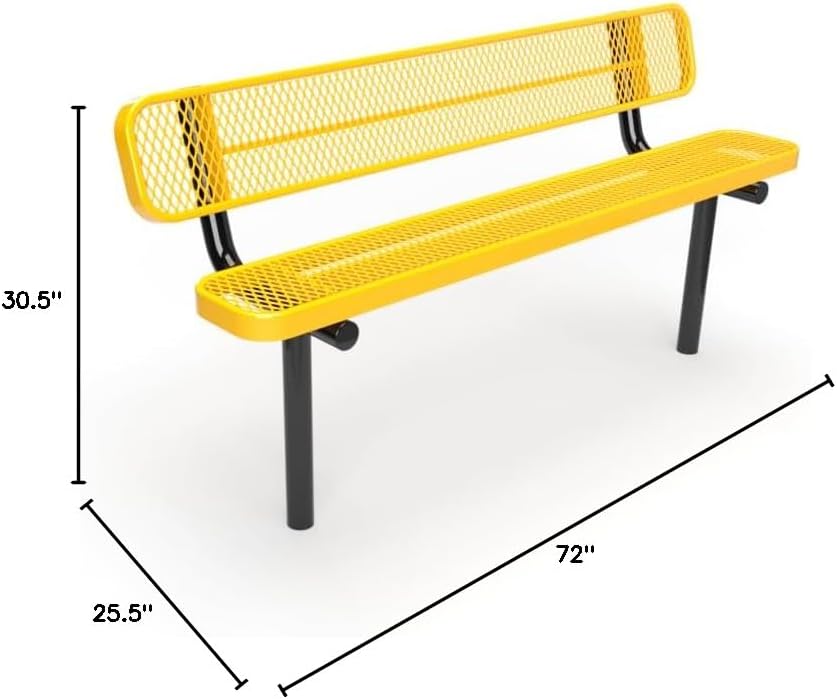 Coated Outdoor Furniture Heavy-Duty Outdoor Bench Thermoplastic Coated, Expanded Metal, Commercial-Grade Seating, Made in America (Inground with Back, 6 Ft, Yellow)