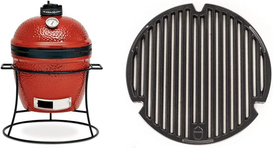Kamado Joe KJ13RH Joe Jr. 13.5 inch Portable Charcoal Grill with Cast Iron Cart and Heat Deflectors, Blaze Red and Kamado Joe KJ15090620 Cast Iron Sear Plate