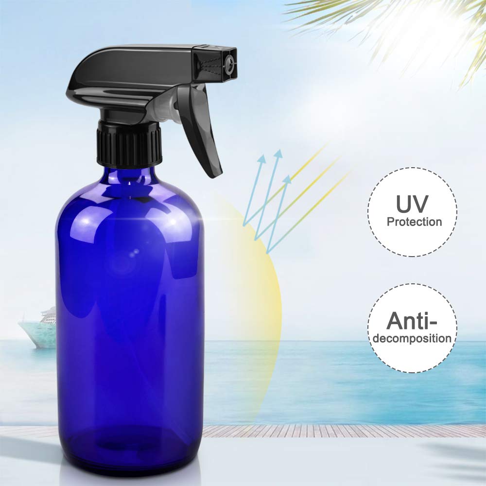 Glass Spray Bottles, 16oz Blue Glass Spray Bottles with Labels & Adjustable Nozzle, Reusable Containers for Cleaning, BBQ, Food, Plants, Alcohol, Essential Oils(3 Pack)