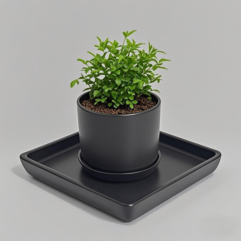 Square Plant Saucer 8 Inch 2 Pack，Plant Trays for Pots, Black Ceramic Plant Saucers for Indoors Outdoors, Plant Drip Tray 4 6 8 10 12 14 Inch