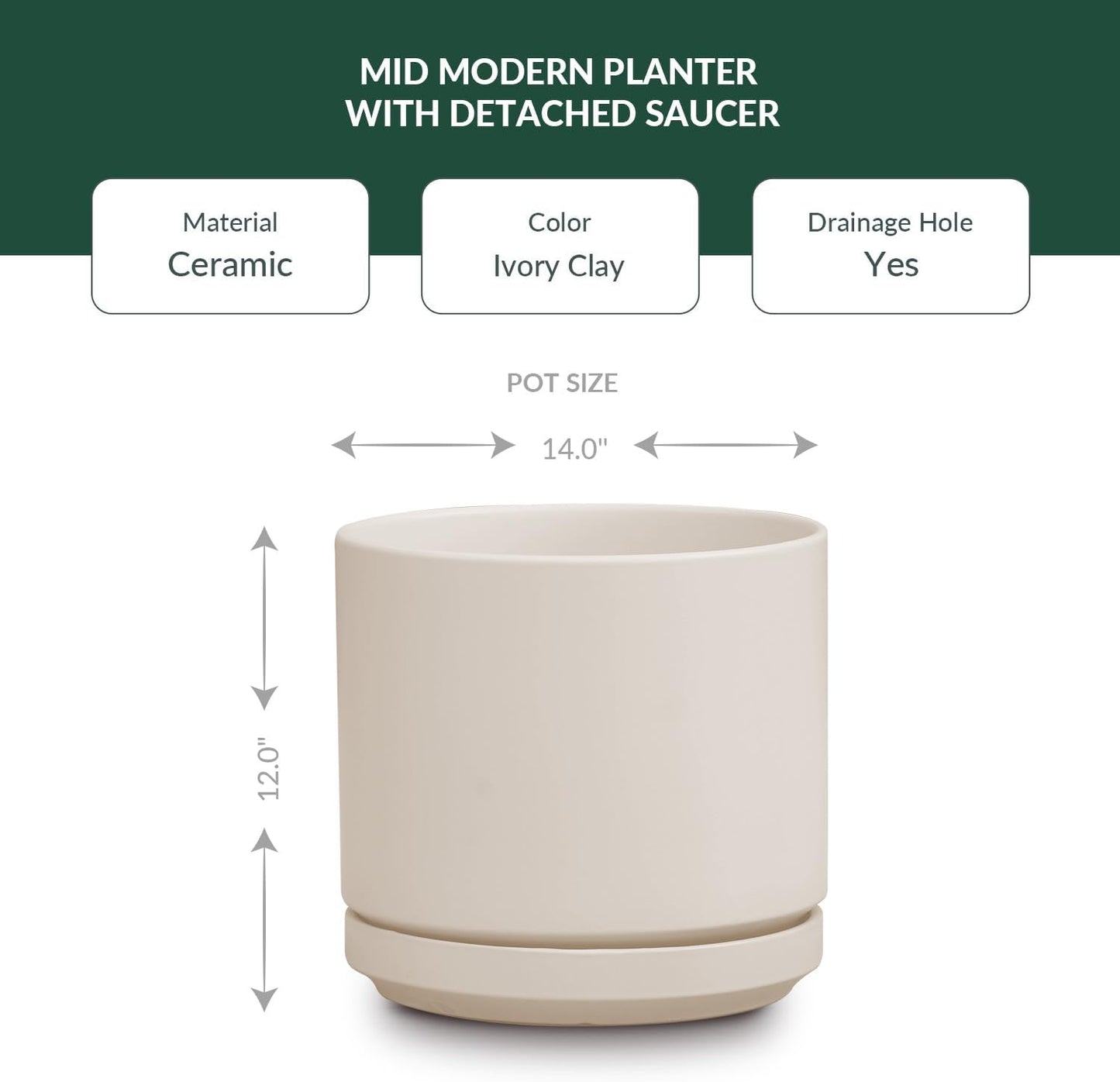 Ceramic Mid Modern Planter Pots with Detached Saucer - Indoor/Outdoor Plant Pots with Drainage Hole