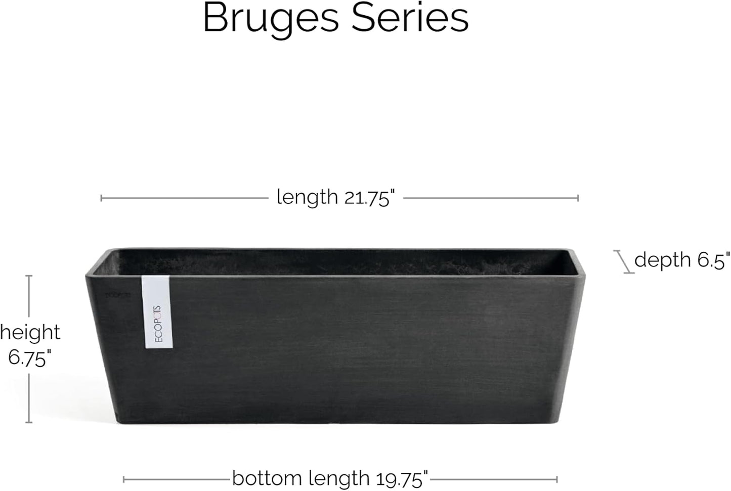 Ecopots Bruges Durable Modern Rectangular Indoor/Outdoor Recycled-Based Composite Flower Pot Planter, Dark Grey, 21.5"