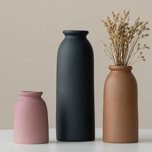 Ceramic Vase Set-3, Small Flower Vases for Decor, Modern Boho Farmhouse Style, Decorative Vases for Pampas Grass & Dried Flowers, Distressed Finish (Light Coffee)