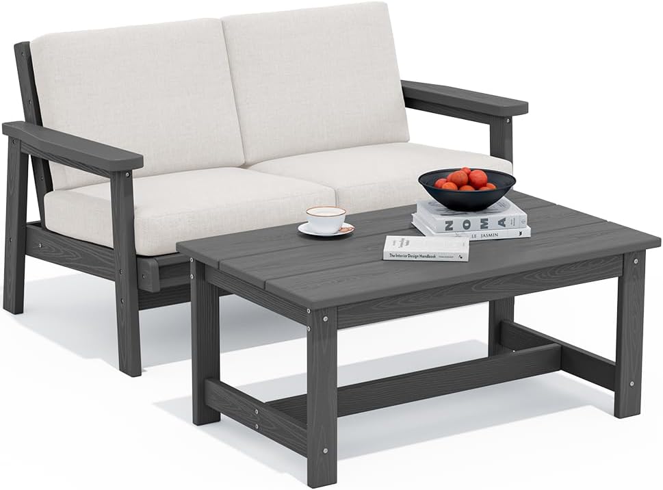 SERWALL Outdoor Loveseat, Grey Frame and Khaki Cushion