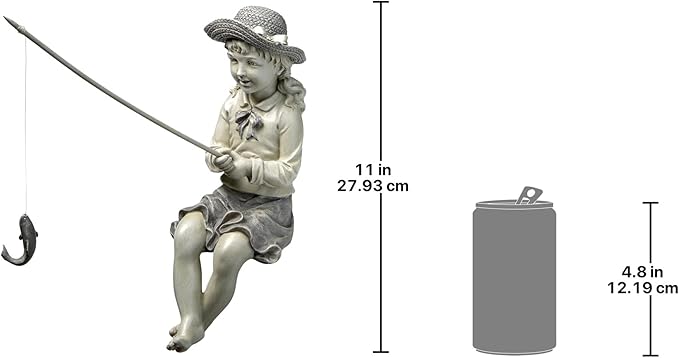 Design Toscano Big Catch Fisherwoman Nellie Girl with Fishing Pole Garden Statue, Small 11 Inch Tall, Cast Stone Resin, Two Tone Stone Finish