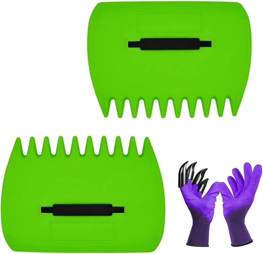 Garden and Yard Leaf Sops Hand Rakes, Large Sized, Multiple Use for Leaves, Lawn Debris and Trash Pick Up +1 pair of garden gloves, Light green-1