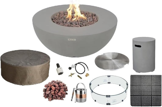 AMS Fireplace | Modeno Roca Package | Light Gray Liquid Propane Gas Fire Pit Table for Outdoor Patio Bundle with Tank Cover, Wind Guard, and SS Burner Lid | Free Rubber Mat & Ice Bucket