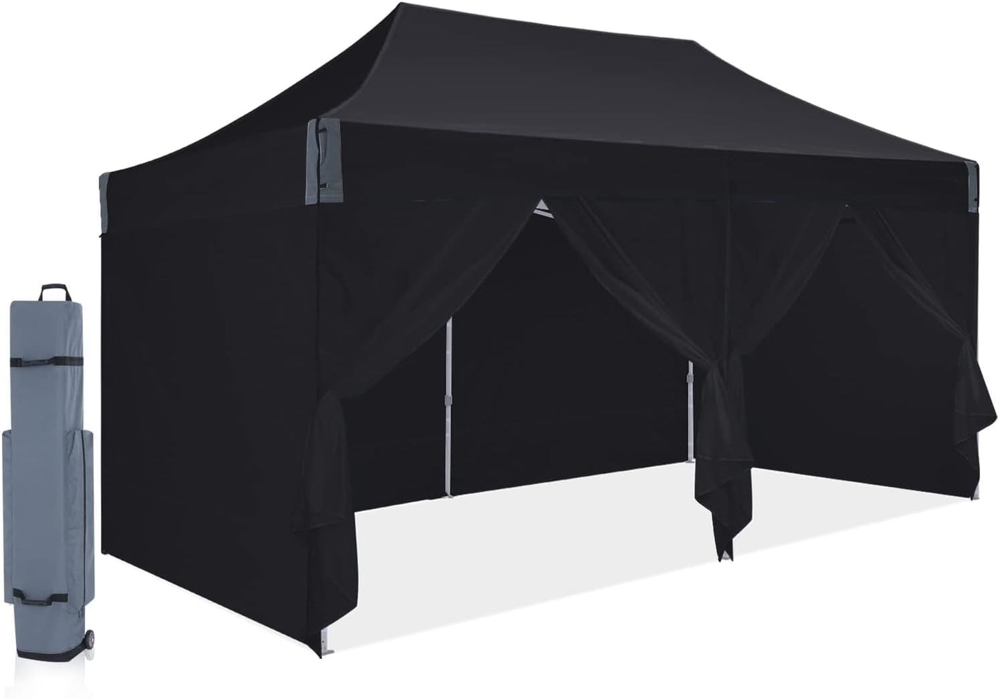 10x20 pop up Canopy, Eazy up Outdoor Patio Canopy Tent with sidewalls, Heavy Duty Commercial Instant Tent with Sand Bags for Deck, Party, Camping, Backyard, Playground, Black
