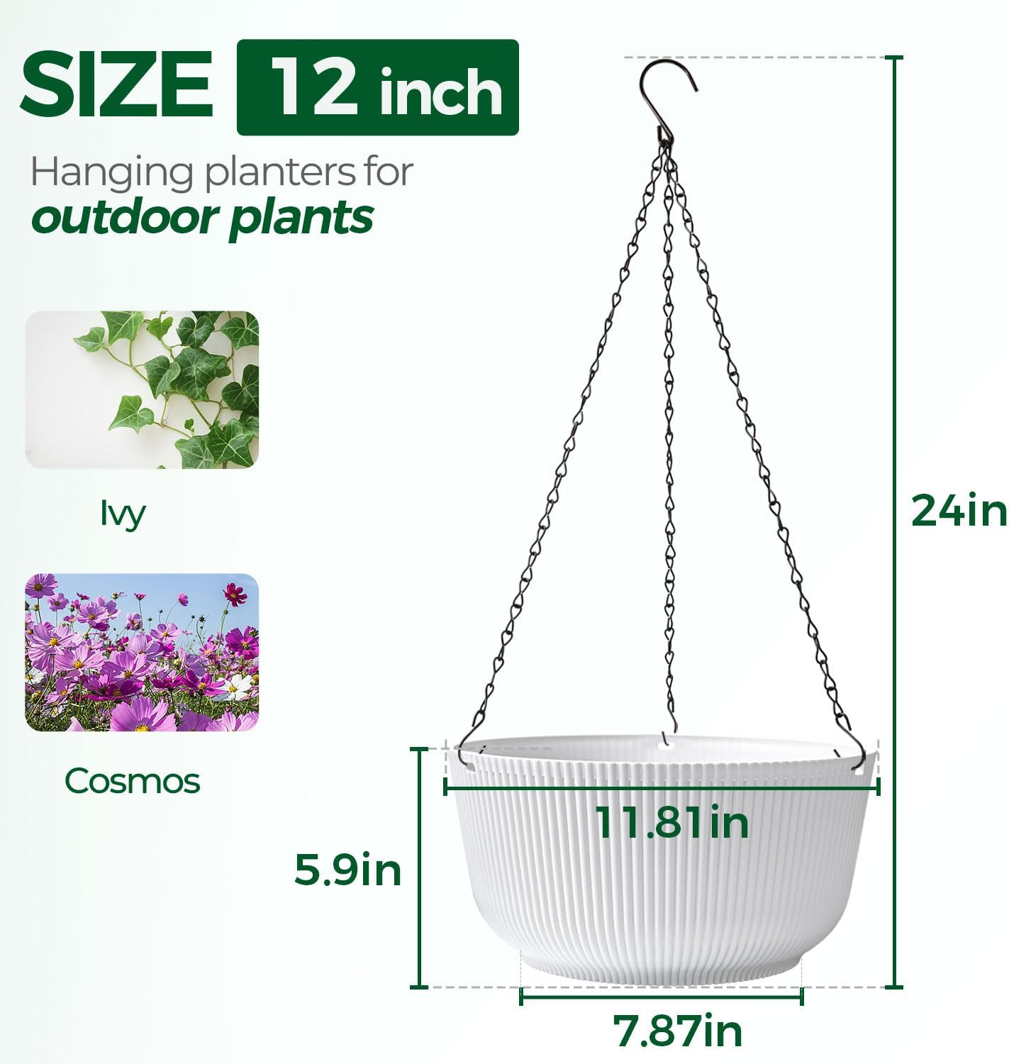 T4U 12 Inch Large Hanging Planters for Outdoor Plants, 2 Pack Self Watering Pots Indoor, Hanging Baskets for Plants,Hanging Flower Pot with Drainage Hole and Plant Hanger, White