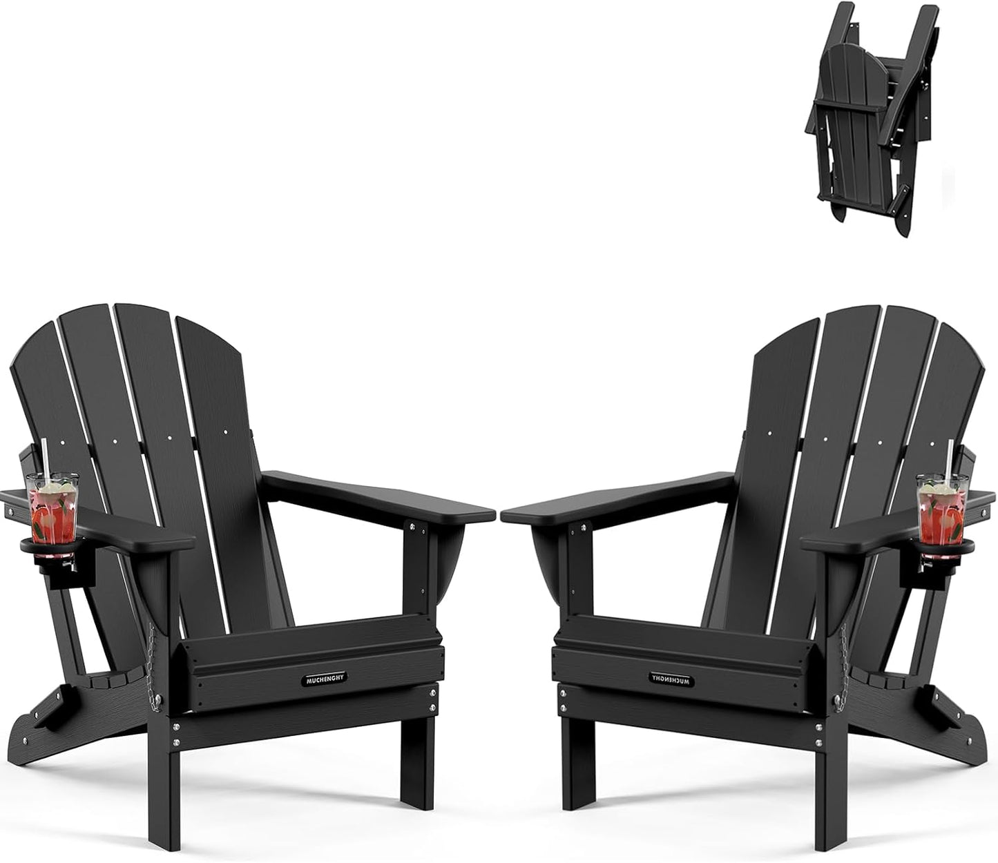 MUCHENGHY Folding Adirondack Chairs 2 Pack, Patio & Outdoor Chairs, Plastic Weather Resistant with Cup Holder for Deck, Backyard, Garden (Black)