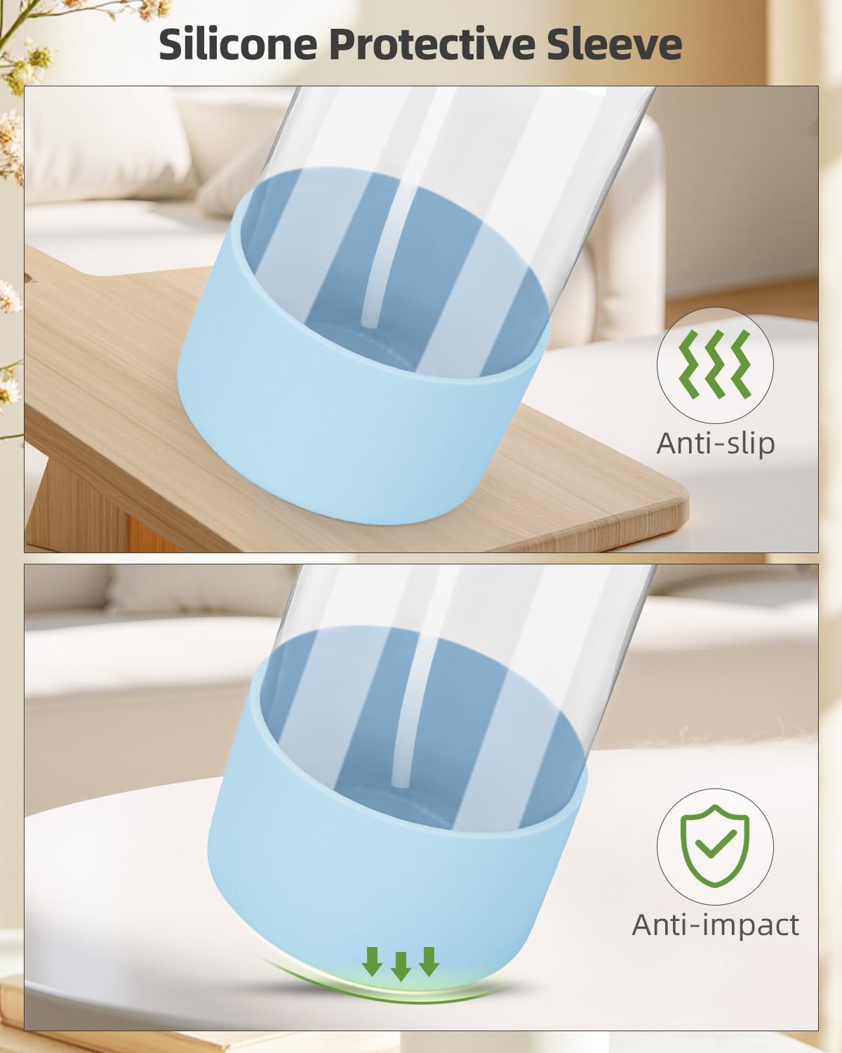 2 Pack Glass Spray Bottles 8 oz, Empty Refillable Containers with Silicone Sleeve Protection, Glass Spray Bottles for Cleaning Solutions, Hair and Plants with Adjustable Nozzles Blue&Grey