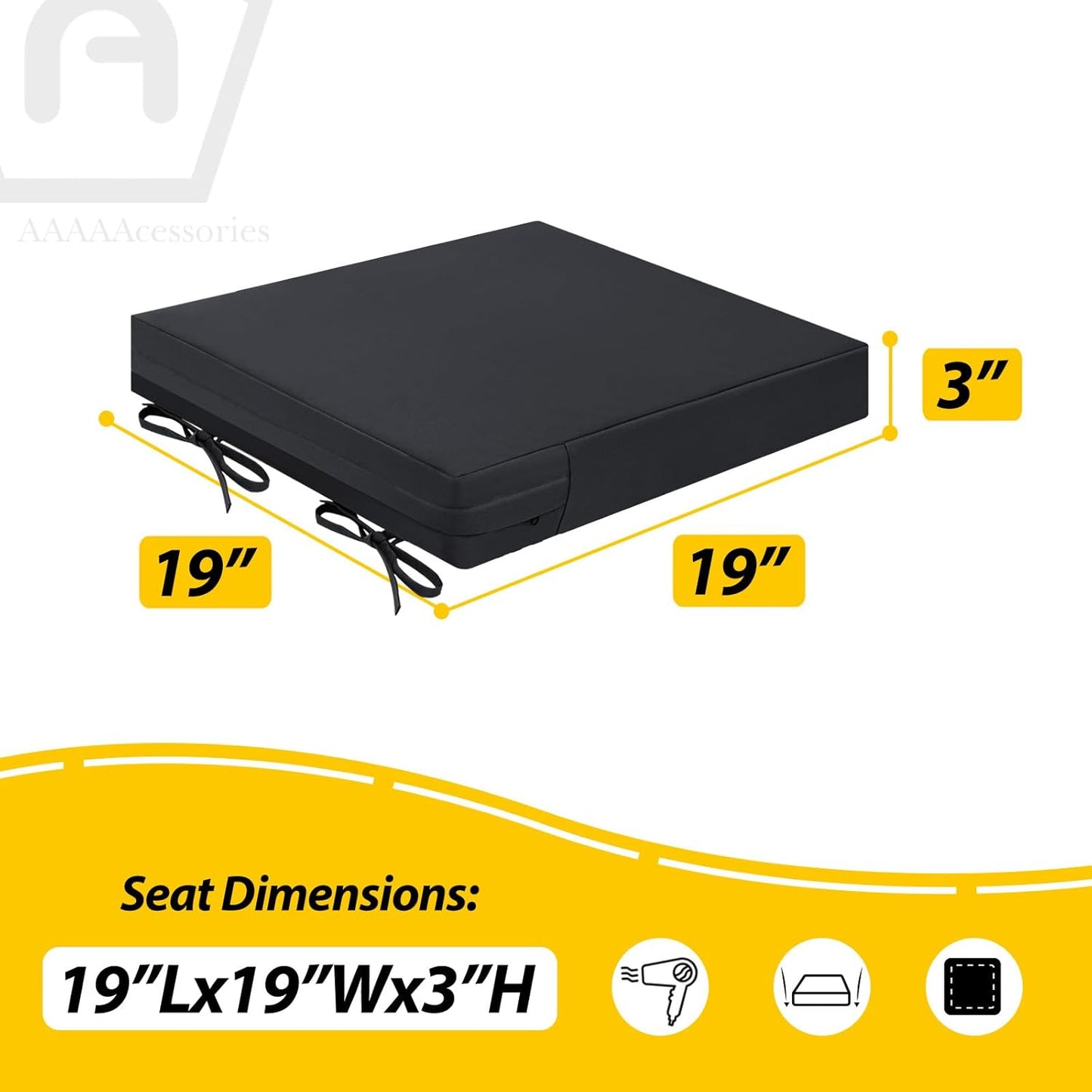 AAAAAcessories Outdoor Seat Cushions for Chairs, Waterproof, Fade-Resistant Patio Furniture Replacement Cushions, 19" x 19" x 3", Set of 2, Black