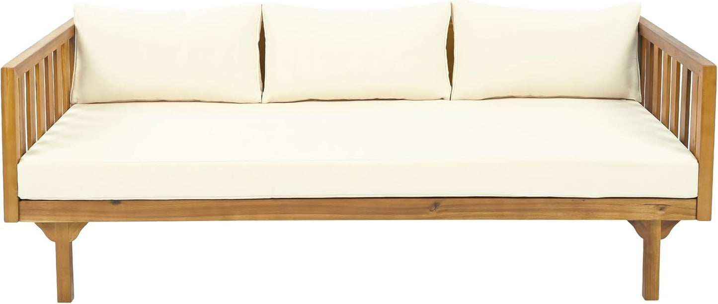 Christopher Knight Home Claremont Outdoor 3 Seater Acacia Wood Daybed with Fabric Water Resistant and Removable Cushions, Patio Garden Poolside Sofa with Slat Paneling Armrest and Back, Teak and Beige