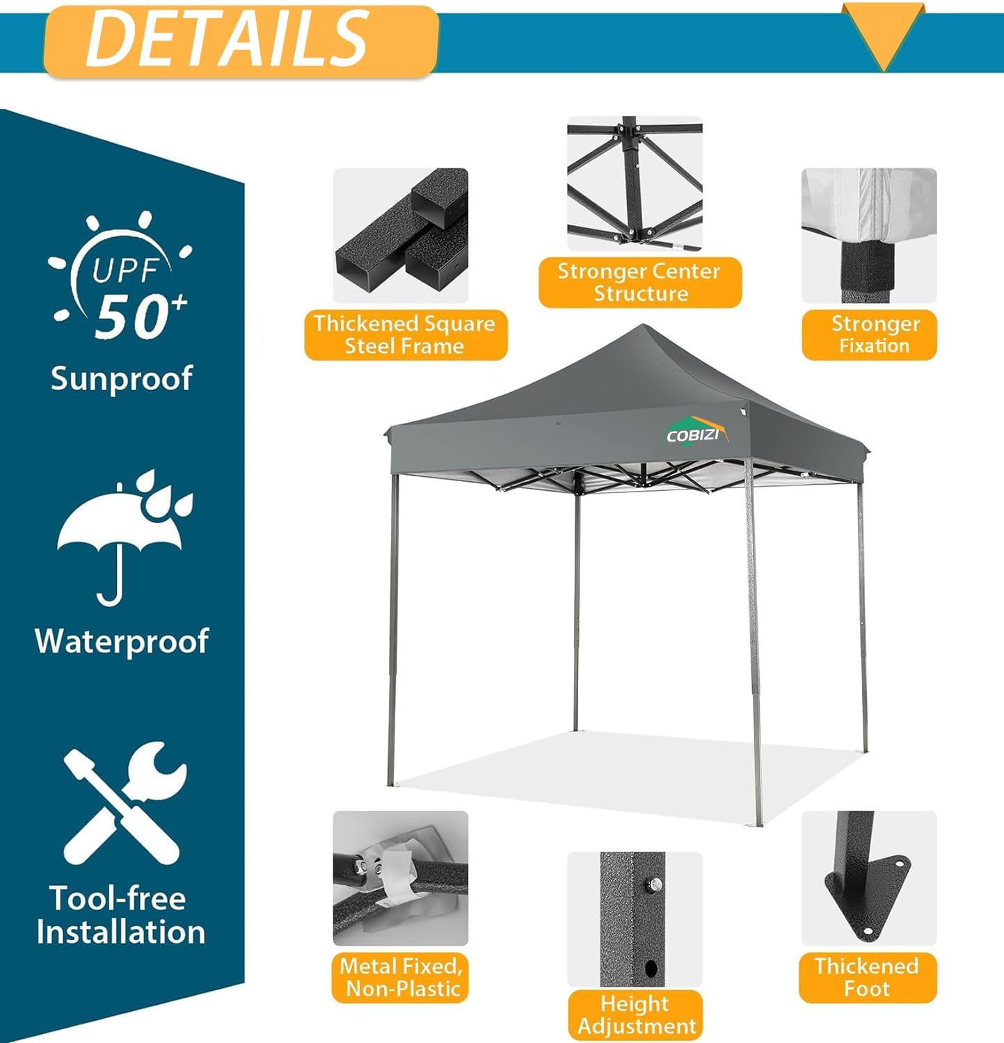 COBIZI 6.6x6.6 Pop Up Canopy Without Sidewall,Heavy Duty Canopy UPF 50+ All Season Wind Waterproof Commercial Outdoor Party Tents for Parties Canopy Gazebo with Storage Bag(6.6 x 6.6 ft Gray)