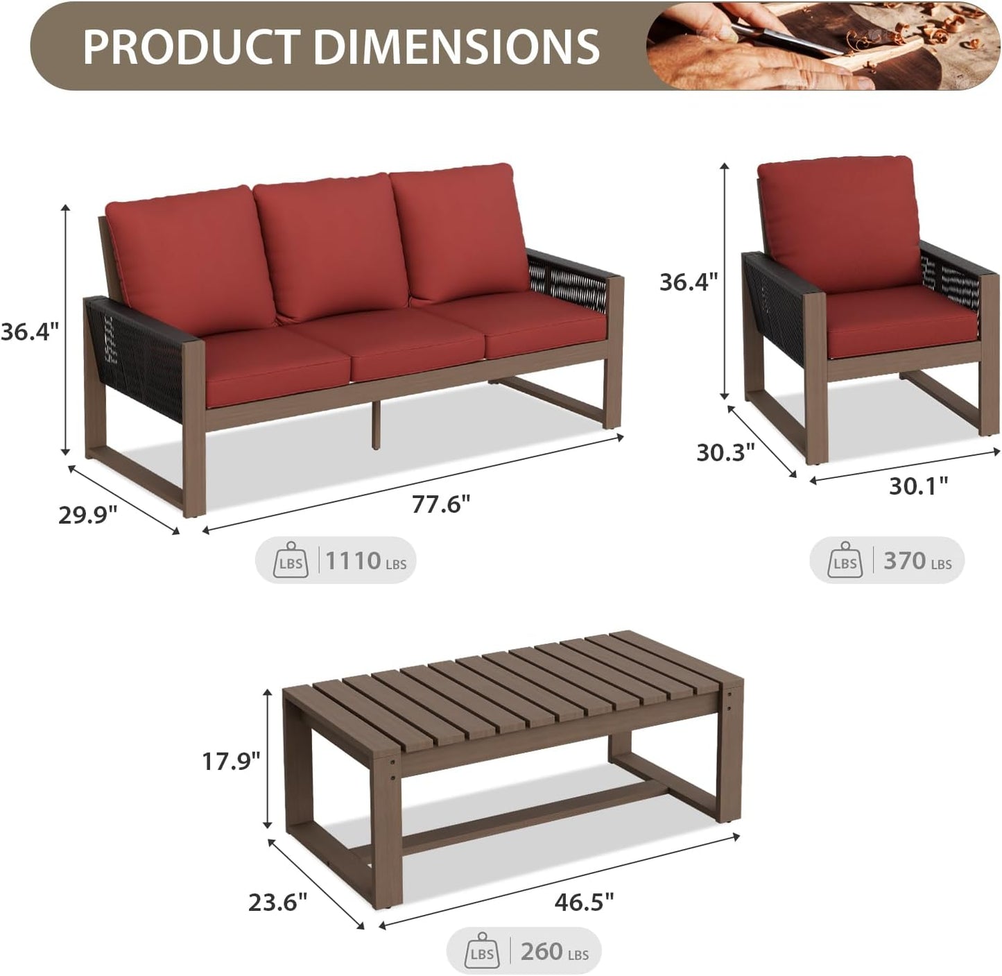 EAGLE PEAK Natural Wood Outdoor Patio Furniture, Cedar Furniture, Conversation Set, Outdoor Seating for Deck Patio Porch, Sofa 2 Chairs & Coffee Table, 4 Pieces, Brown/Red