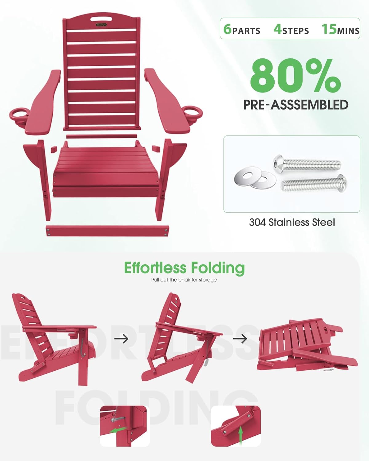 Adirondack Chairs Set of 4, Outdoor Fire Pit Chairs, HDPE All-Weather Adirondack Chairs with Cup Holder, Lawn Chair for Deck, Patio, Garden (Green)