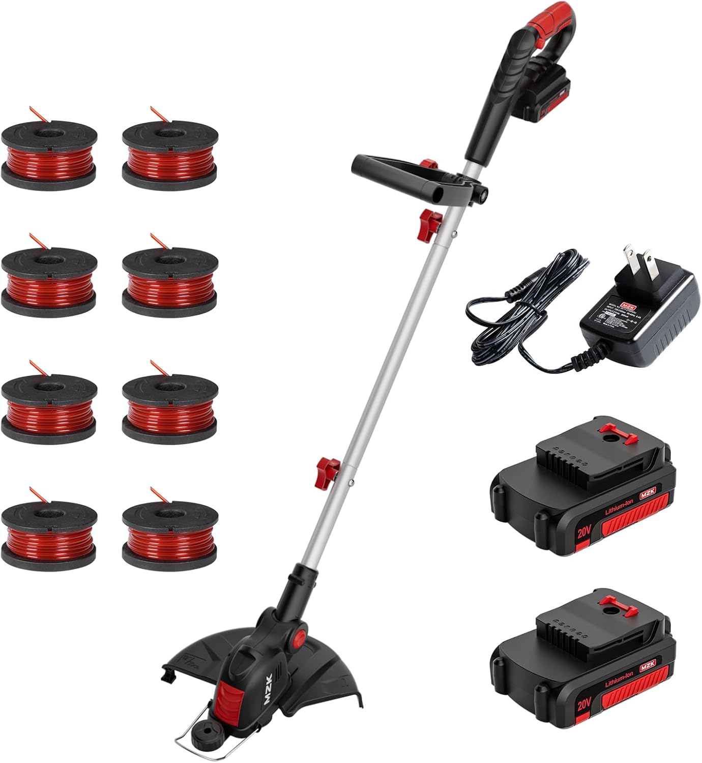 MZK 20V 12'' Cordless String Trimmer, Grass Trimmer&Edger with 8 Replacement Spools, Battery Powered Weed Trimmer with Auto Line Feed for Garden, Lawn(2 * 2AH Battery and Charger Included),ST12D07