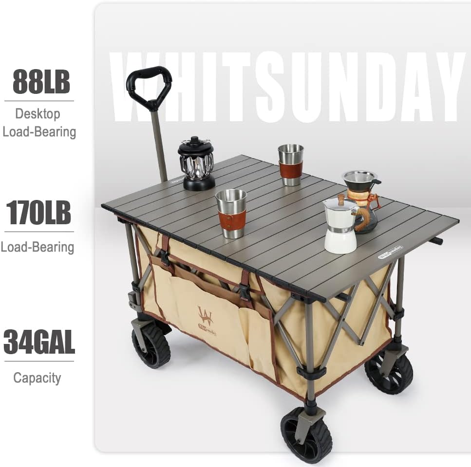 Whitsunday Folding Collapsible Wagon Cart, Beach Heavy Duty Wagon with Table,Utility Grocery Cart for Camping Sports Outdoor Shopping Park Khaki