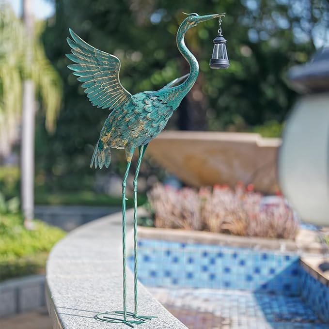 DREAMSOUL 40.5" Heron Garden Statues Large Metal Crane Outdoor Statues Standing Solar Bird Statue for Patio Pool Lawn Decoration