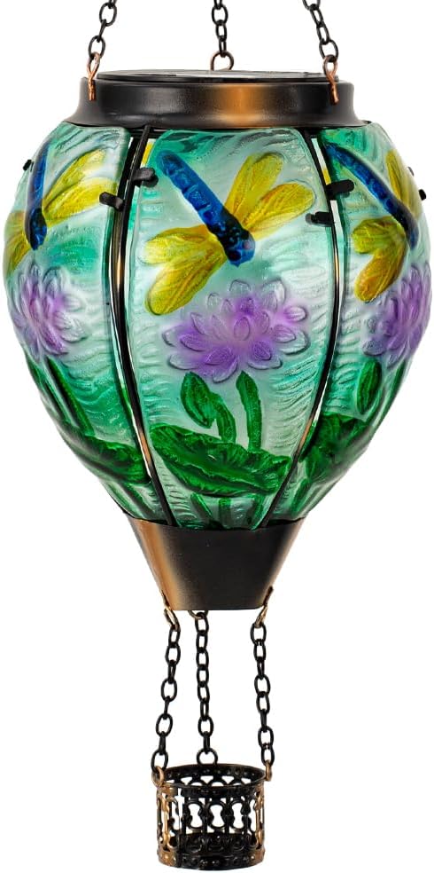 Starsoul Starsoul Dragonfly Hot Air Balloon Solar Lantern Glass Outdoor Hanging Hot Air Balloon Solar Flickering Flame Light Waterproof Garden Patio Yard Party Decorations