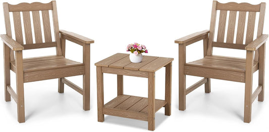 Stoog 3-Piece All-Weather Garden Chairs Set of 2 with Table, Outdoor Dining Chair with 400 lbs Weight Capacity, Patio Bistro Set for Porch, Backyard, Lawn and Deck, Teak