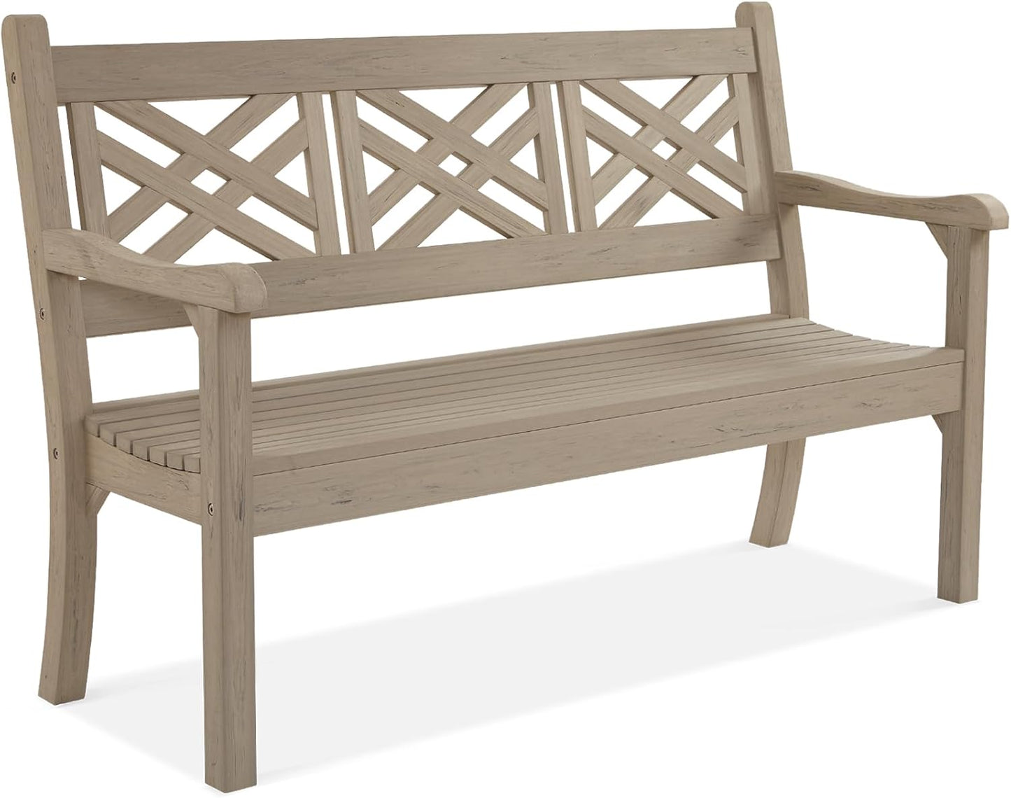 Psilvam 63''W All-Weather Poly Lumber Outdoor Bench – Teak Color, 3-Person Garden Bench with Decorative Backrest & Curved Armrests, Anti-Rot & Fade-Free Patio Bench for Porch, Backyard, and Park(Grey)