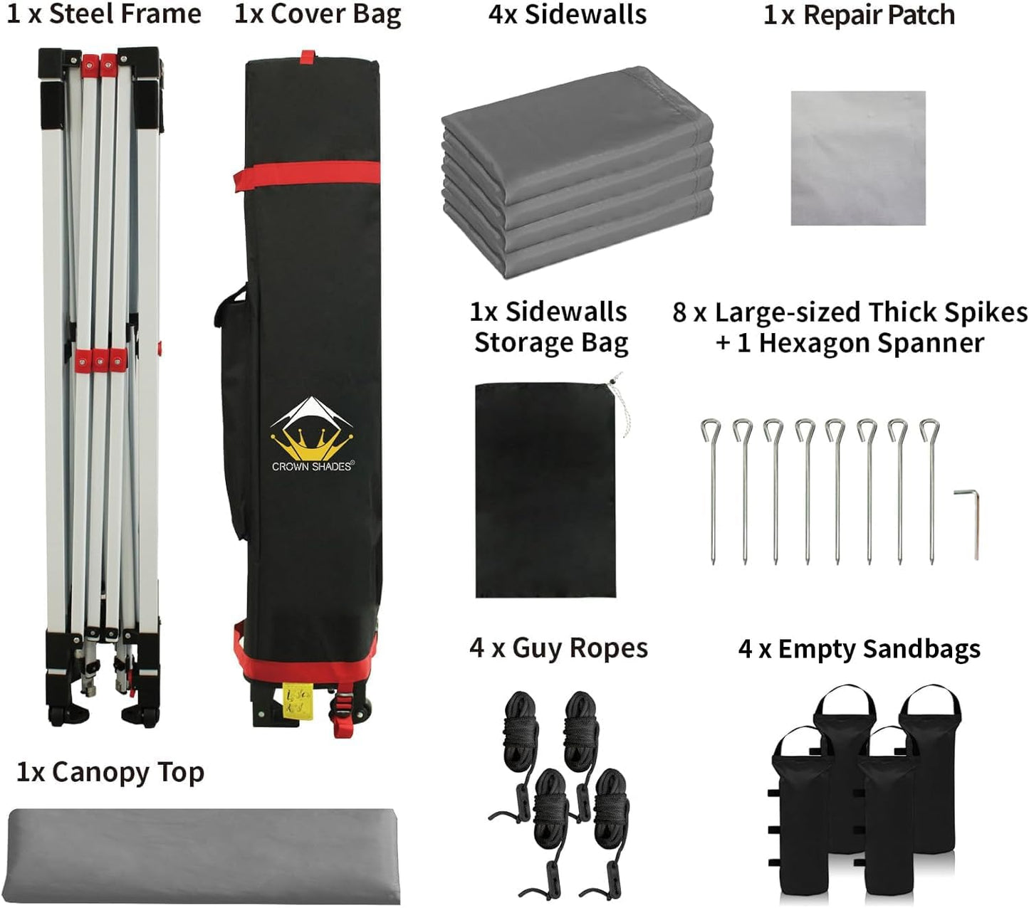 CROWN SHADES 10X10 Comercial Instant Canopy Pop Up Tent with Center Lock (10x10 with 4 Sidewalls, Grey)