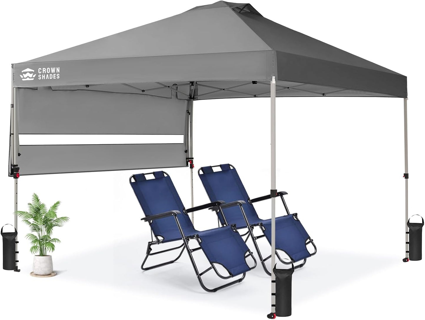 CROWN SHADES 10x10 Pop up Canopy Tent, Instant Commercial Canopy with Extend Awning, Patended Centerlock, 150D Silver Coated Fabric, 4 Ropes, 8 Stakes, 4 Weight Bags, STO 'N Go Bag, Grey