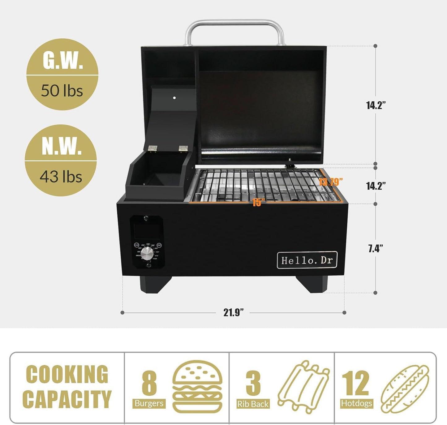 Pellet Grill, Portable Pellet Smoker, Smoker Grill with Digital Control, LED Screen, Meat Probe, Portable pellet Grills for BBQ, Smoke, Bake and Roast, RV Camping，Black