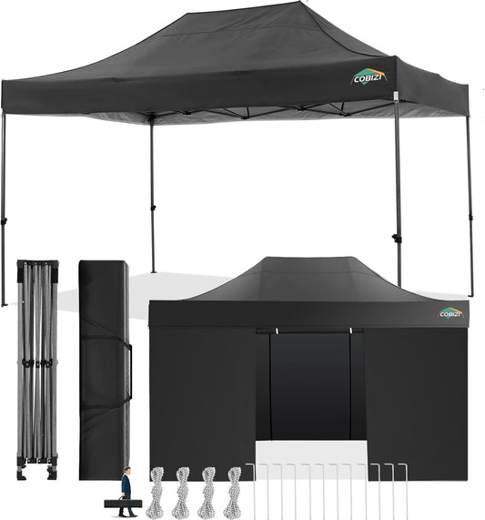 COBIZI 10x15 Pop Up Canopy with 4 Sidewall,Heavy Duty Canopy UPF 50+ All Season Wind Waterproof Commercial Outdoor Wedding Party Tents for Parties Gazebo with Carry Bag(10 x 15 ft Black)