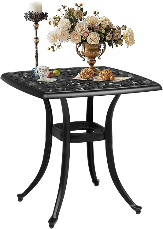 Outvita Patio Side Table, 21.3in Outdoor Square Cast Aluminum Bistro Table with Umbrella Hole and Antique Design for Backyard Porch Pool Balcony Deck Black